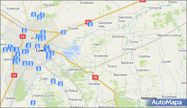 mapa Mysłaków gmina Nieborów, Mysłaków gmina Nieborów na mapie Targeo