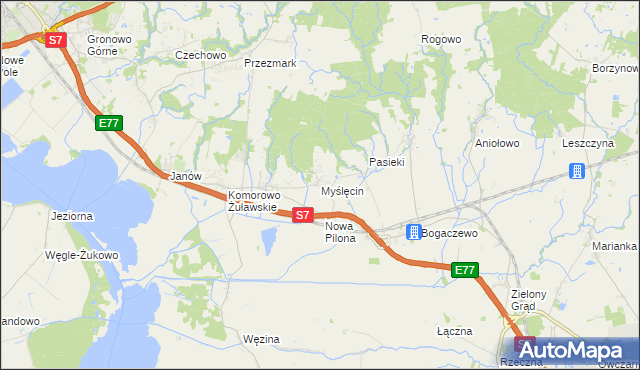 mapa Myślęcin gmina Elbląg, Myślęcin gmina Elbląg na mapie Targeo