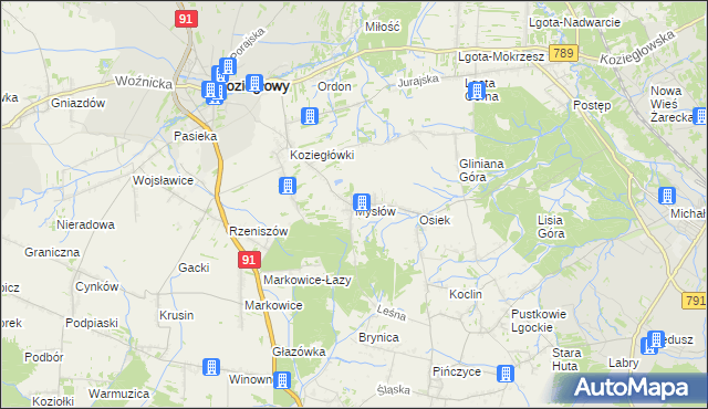 mapa Mysłów gmina Koziegłowy, Mysłów gmina Koziegłowy na mapie Targeo