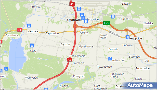 mapa Myszkowice gmina Bobrowniki, Myszkowice gmina Bobrowniki na mapie Targeo