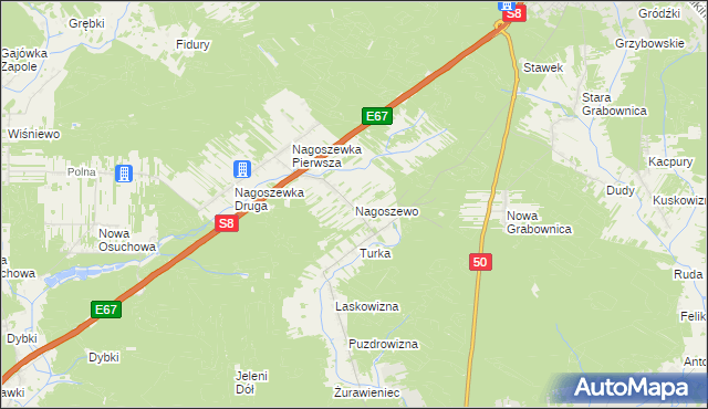 mapa Nagoszewo gmina Ostrów Mazowiecka, Nagoszewo gmina Ostrów Mazowiecka na mapie Targeo