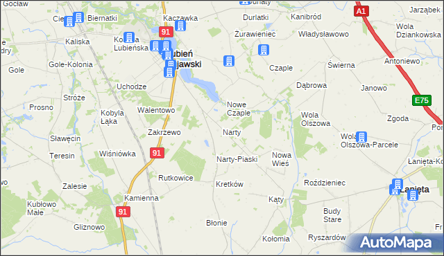 mapa Narty gmina Lubień Kujawski, Narty gmina Lubień Kujawski na mapie Targeo