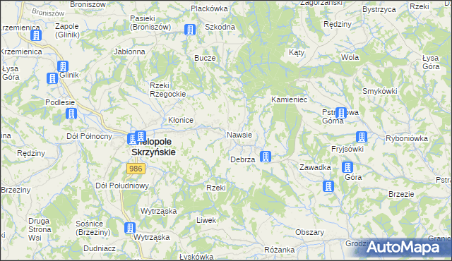mapa Nawsie gmina Wielopole Skrzyńskie, Nawsie gmina Wielopole Skrzyńskie na mapie Targeo