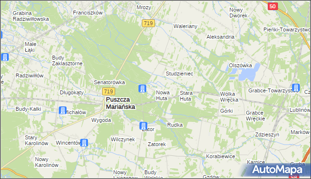 mapa Nowa Huta gmina Puszcza Mariańska, Nowa Huta gmina Puszcza Mariańska na mapie Targeo