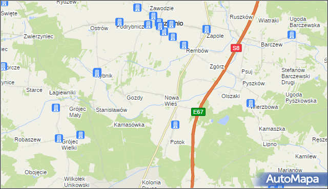 mapa Nowa Wieś gmina Brzeźnio, Nowa Wieś gmina Brzeźnio na mapie Targeo