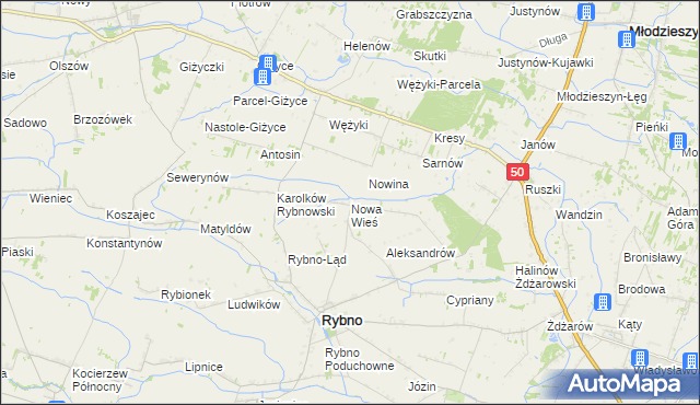 mapa Nowa Wieś gmina Rybno, Nowa Wieś gmina Rybno na mapie Targeo