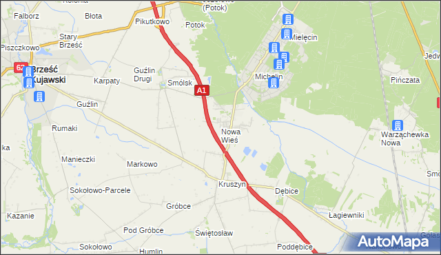 mapa Nowa Wieś gmina Włocławek, Nowa Wieś gmina Włocławek na mapie Targeo