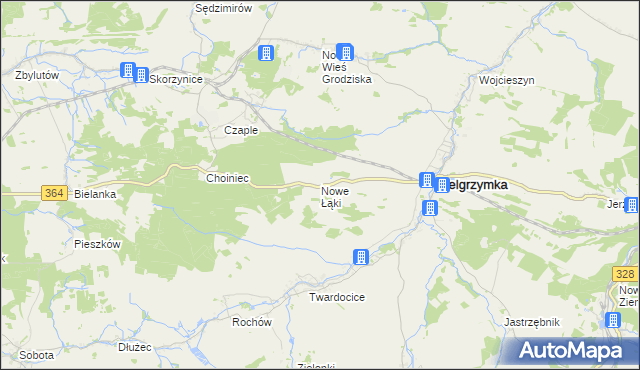 mapa Nowe Łąki gmina Pielgrzymka, Nowe Łąki gmina Pielgrzymka na mapie Targeo