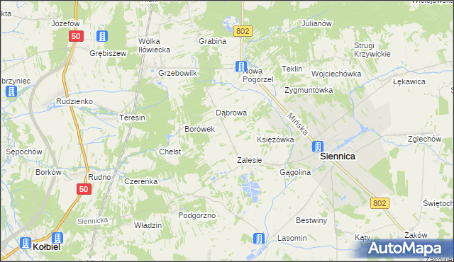mapa Nowe Zalesie gmina Siennica, Nowe Zalesie gmina Siennica na mapie Targeo
