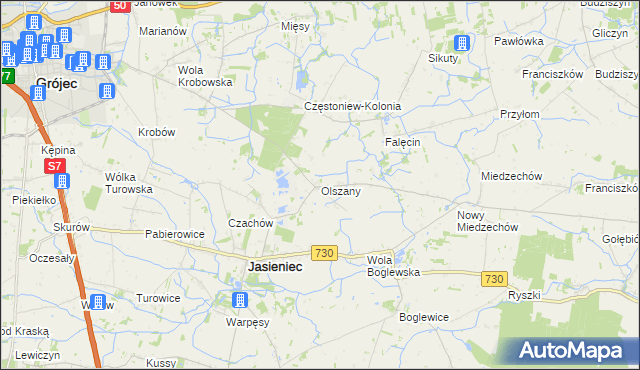 mapa Olszany gmina Jasieniec, Olszany gmina Jasieniec na mapie Targeo