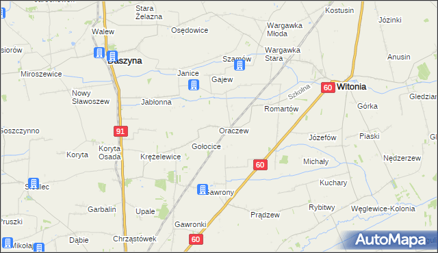mapa Oraczew gmina Witonia, Oraczew gmina Witonia na mapie Targeo