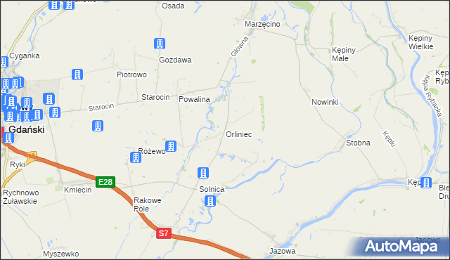 mapa Orliniec gmina Nowy Dwór Gdański, Orliniec gmina Nowy Dwór Gdański na mapie Targeo