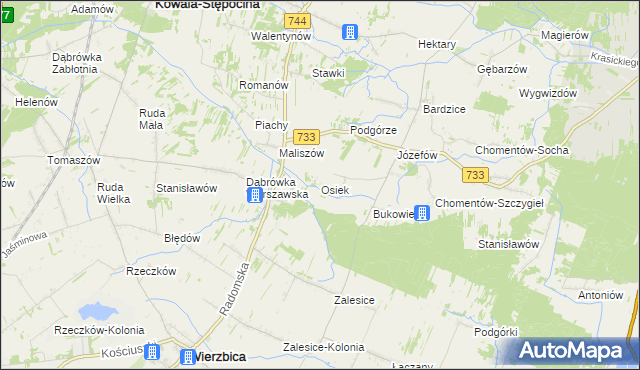 mapa Osiek gmina Kowala, Osiek gmina Kowala na mapie Targeo