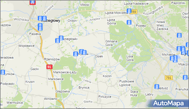 mapa Osiek gmina Koziegłowy, Osiek gmina Koziegłowy na mapie Targeo