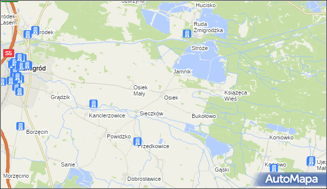 mapa Osiek gmina Żmigród, Osiek gmina Żmigród na mapie Targeo