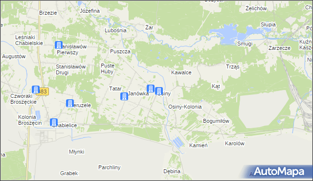mapa Osiny gmina Szczerców, Osiny gmina Szczerców na mapie Targeo