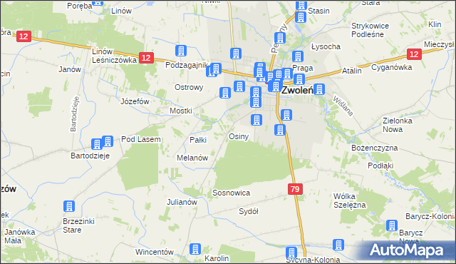 mapa Osiny gmina Zwoleń, Osiny gmina Zwoleń na mapie Targeo