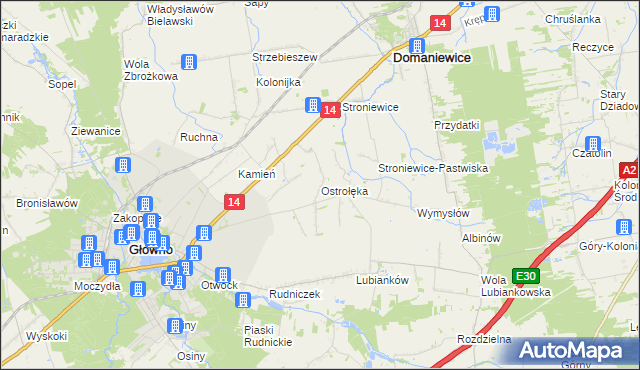 mapa Ostrołęka gmina Głowno, Ostrołęka gmina Głowno na mapie Targeo
