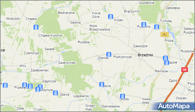mapa Ostrów gmina Brzeźnio, Ostrów gmina Brzeźnio na mapie Targeo