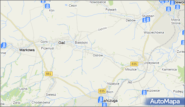 mapa Ostrów gmina Gać, Ostrów gmina Gać na mapie Targeo