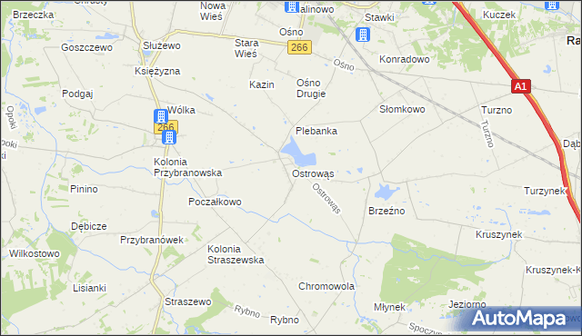 mapa Ostrowąs gmina Aleksandrów Kujawski, Ostrowąs gmina Aleksandrów Kujawski na mapie Targeo