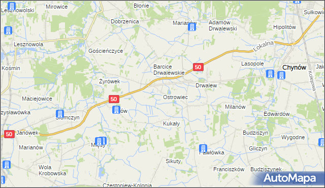 mapa Ostrowiec gmina Chynów, Ostrowiec gmina Chynów na mapie Targeo