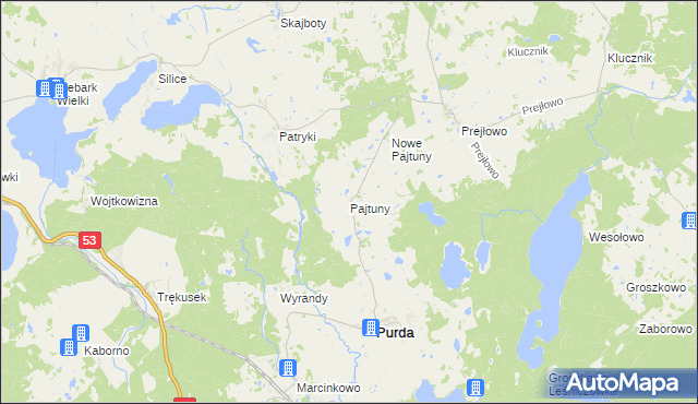 mapa Pajtuny gmina Purda, Pajtuny gmina Purda na mapie Targeo