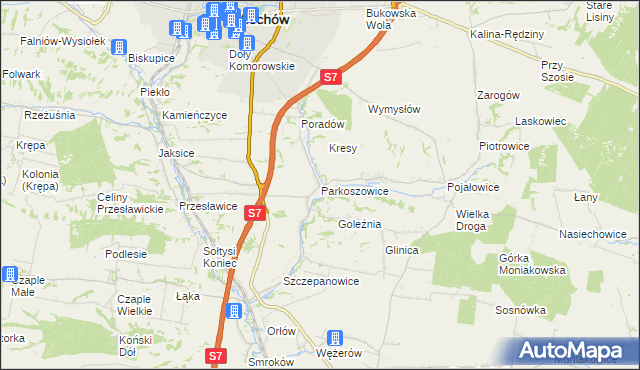 mapa Parkoszowice gmina Miechów, Parkoszowice gmina Miechów na mapie Targeo