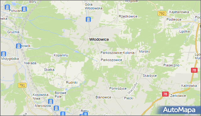 mapa Parkoszowice gmina Włodowice, Parkoszowice gmina Włodowice na mapie Targeo