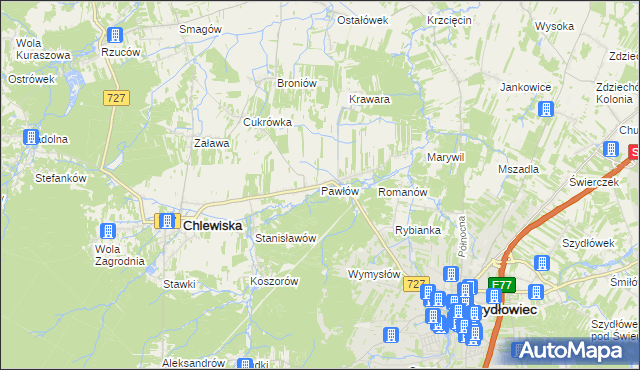 mapa Pawłów gmina Chlewiska, Pawłów gmina Chlewiska na mapie Targeo