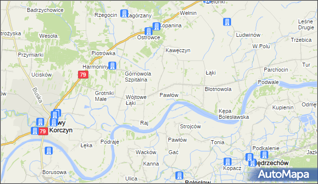 mapa Pawłów gmina Nowy Korczyn, Pawłów gmina Nowy Korczyn na mapie Targeo