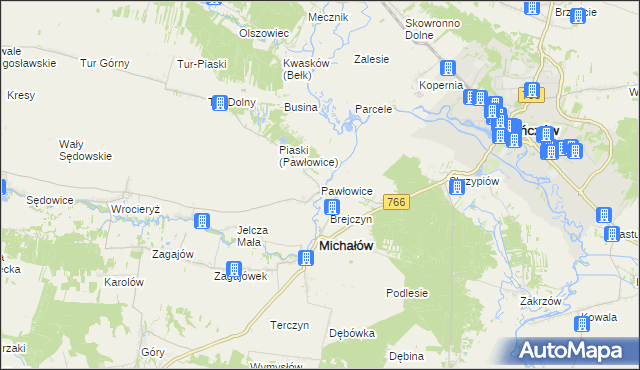 mapa Pawłowice gmina Michałów, Pawłowice gmina Michałów na mapie Targeo