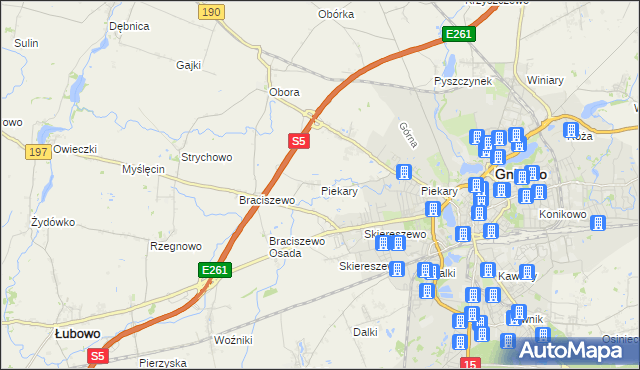 mapa Piekary gmina Gniezno, Piekary gmina Gniezno na mapie Targeo
