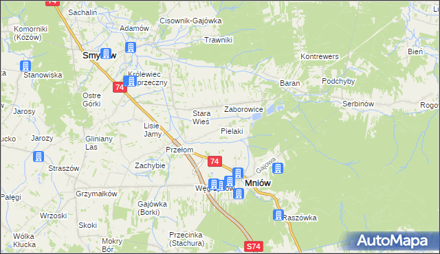 mapa Pielaki gmina Mniów, Pielaki gmina Mniów na mapie Targeo