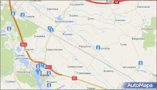 mapa Pierzchno gmina Kórnik, Pierzchno gmina Kórnik na mapie Targeo