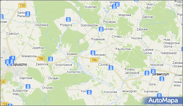 mapa Piotrowiec gmina Łopuszno, Piotrowiec gmina Łopuszno na mapie Targeo