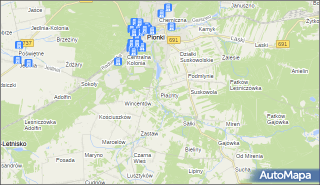 mapa Płachty gmina Pionki, Płachty gmina Pionki na mapie Targeo