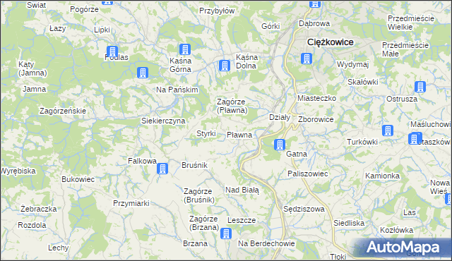 mapa Pławna gmina Ciężkowice, Pławna gmina Ciężkowice na mapie Targeo
