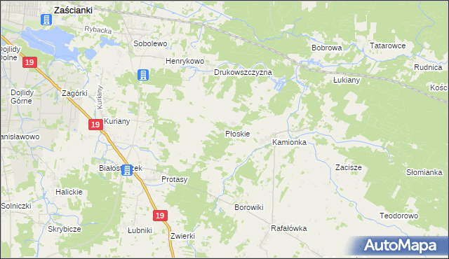 mapa Płoskie gmina Zabłudów, Płoskie gmina Zabłudów na mapie Targeo