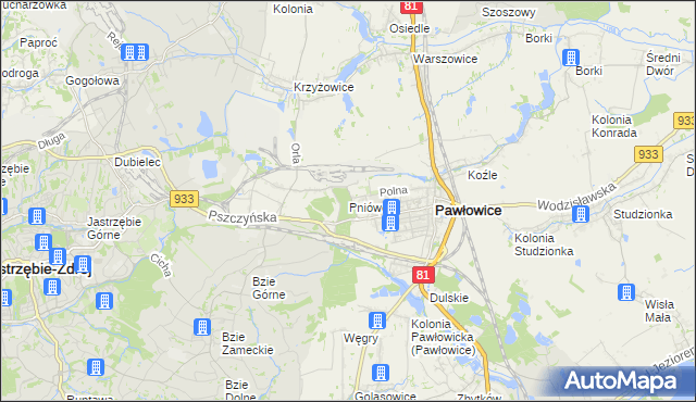 mapa Pniówek gmina Pawłowice, Pniówek gmina Pawłowice na mapie Targeo
