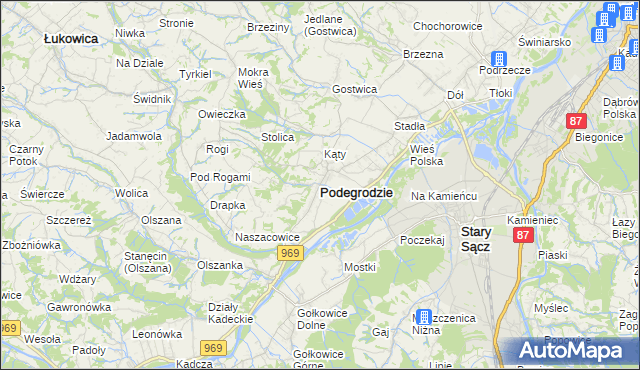 mapa Podegrodzie powiat nowosądecki, Podegrodzie powiat nowosądecki na mapie Targeo