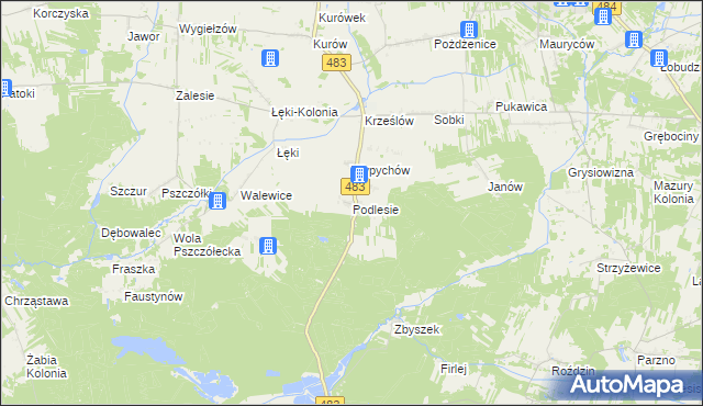 mapa Podlesie gmina Zelów, Podlesie gmina Zelów na mapie Targeo