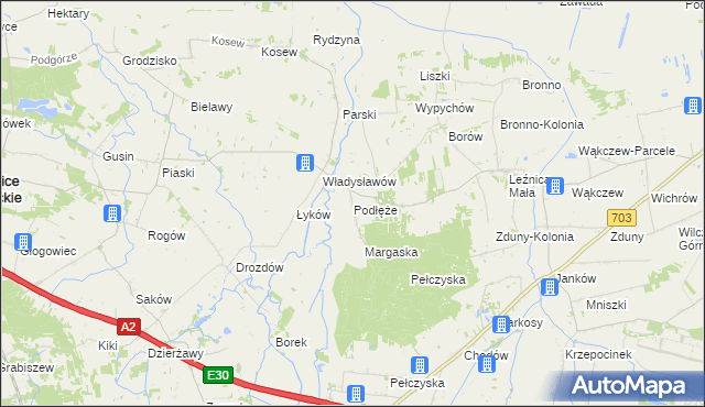 mapa Podłęże gmina Świnice Warckie, Podłęże gmina Świnice Warckie na mapie Targeo