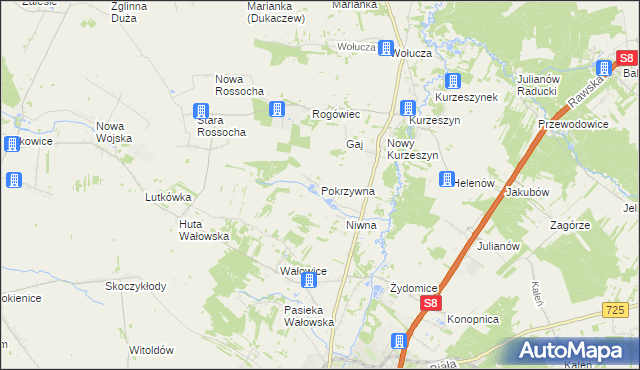 mapa Pokrzywna gmina Rawa Mazowiecka, Pokrzywna gmina Rawa Mazowiecka na mapie Targeo
