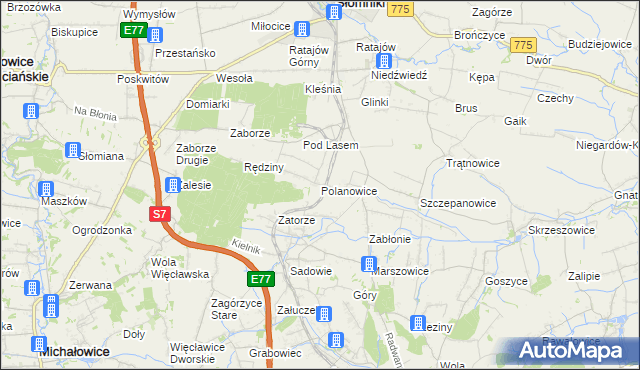 mapa Polanowice gmina Słomniki, Polanowice gmina Słomniki na mapie Targeo