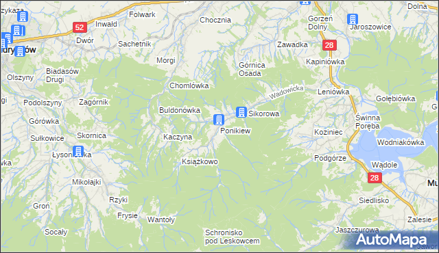 mapa Ponikiew gmina Wadowice, Ponikiew gmina Wadowice na mapie Targeo