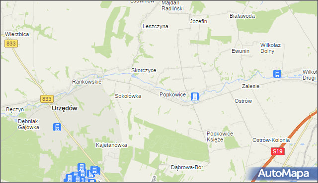 mapa Popkowice gmina Urzędów, Popkowice gmina Urzędów na mapie Targeo