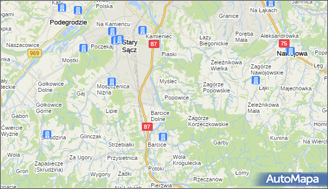 mapa Popowice gmina Stary Sącz, Popowice gmina Stary Sącz na mapie Targeo