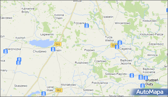 mapa Popowo gmina Tłuchowo, Popowo gmina Tłuchowo na mapie Targeo
