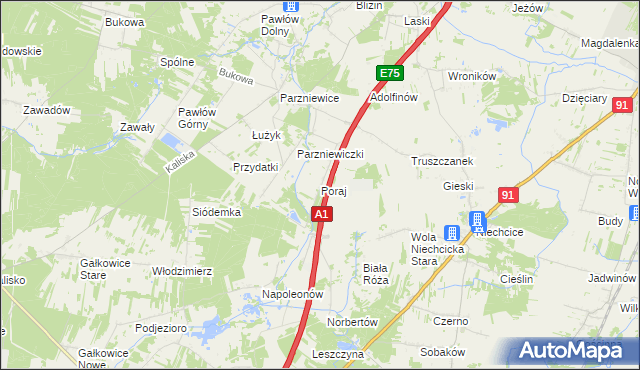 mapa Poraj gmina Wola Krzysztoporska, Poraj gmina Wola Krzysztoporska na mapie Targeo